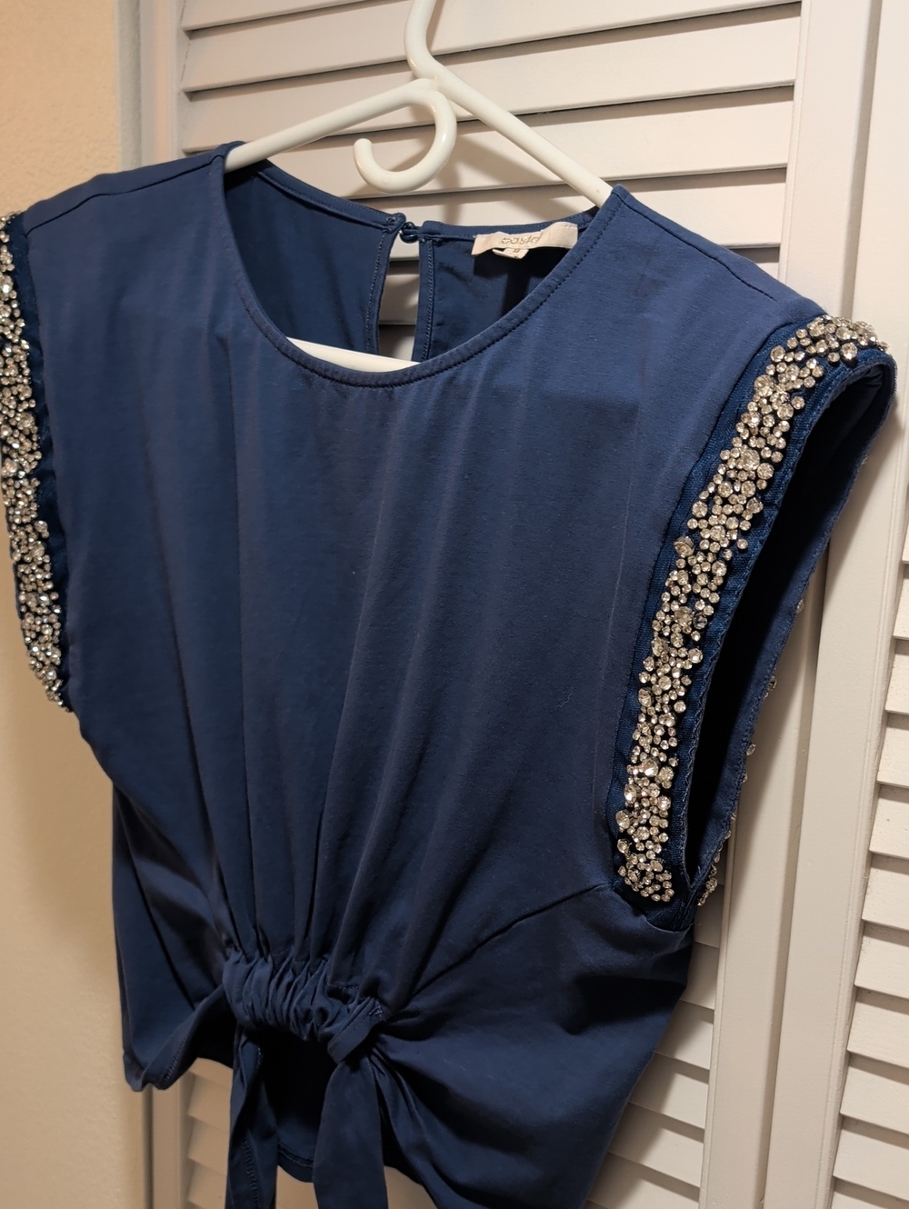 Embellished Navy Blue Embellished Tie-Front Crop Top